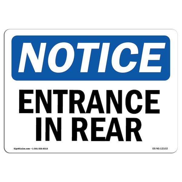 Safety Sign, OSHA Notice, 3.5" Height, Entrance In Rear Sign, Landscape, 10PK